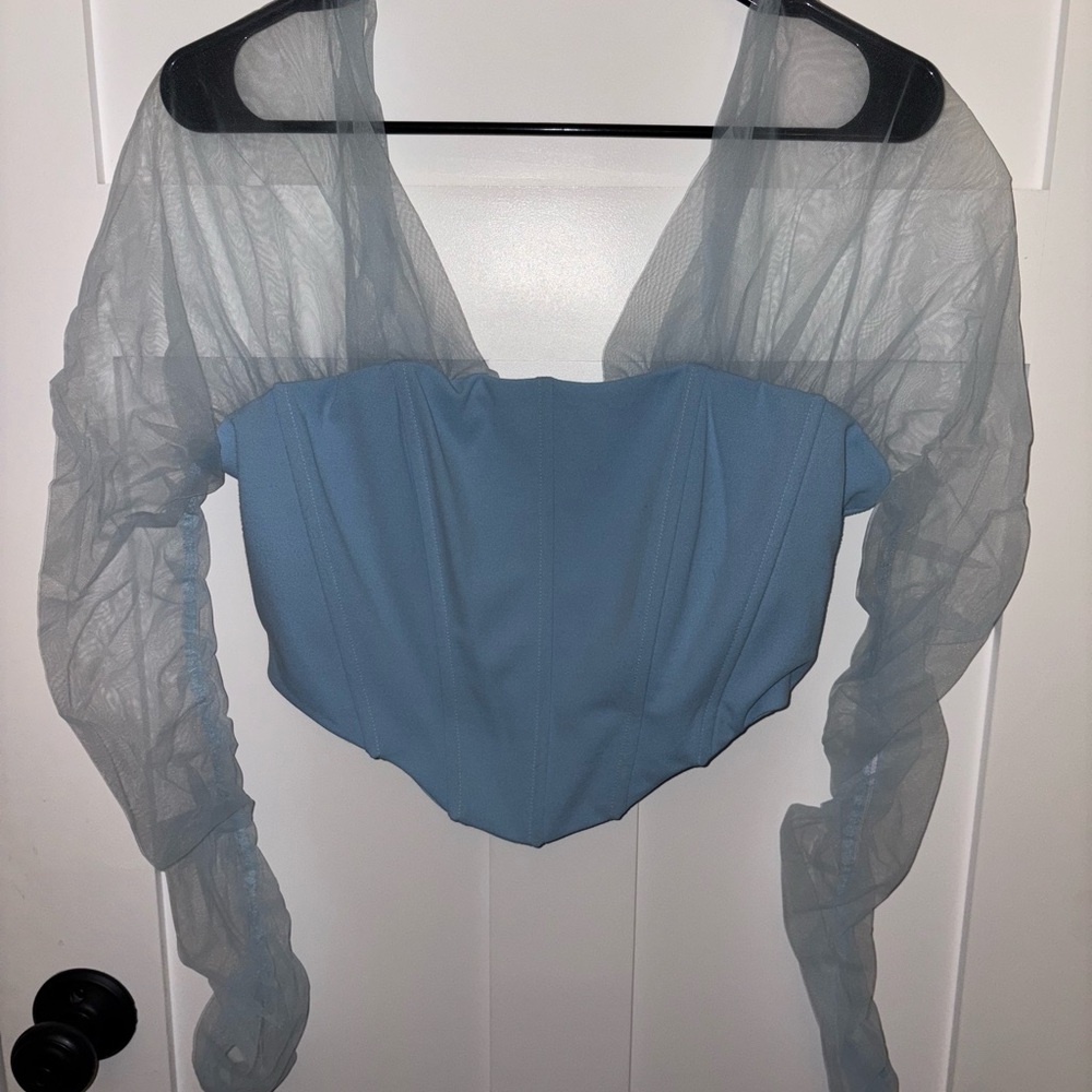 Blue Sheer Sleeve Crop Top